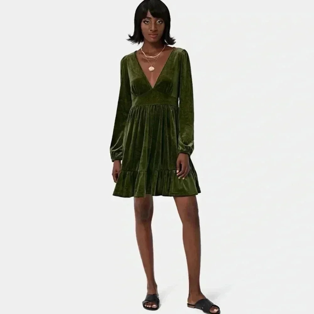 Halara Everyday Deep V Neck Long Sleeve Ruffled Hem Velvet Mini Dress~Large